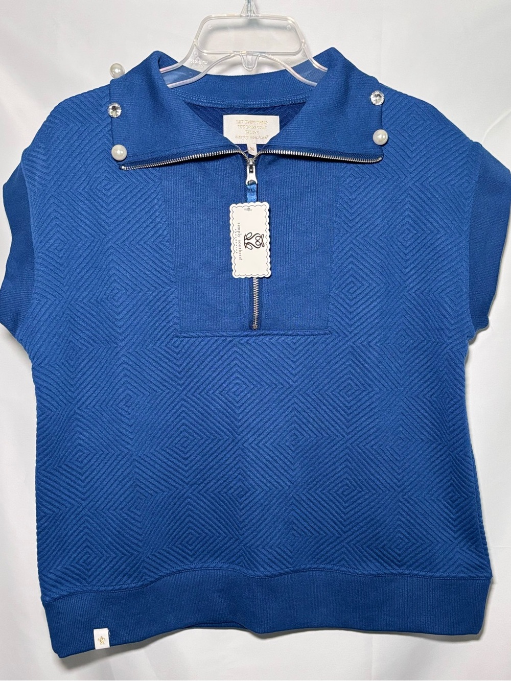 Simply Southern Quilted Quarter Zip Short Sleeve Top w/ Pearls & Rhinestones